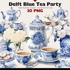 Paquete de imágenes prediseñadas de la fiesta del té azul de Delft, ilustraciones PNG de cerámica holandesa en acuarela, porcelana vintage, tetera tradicional estilo Delft digital