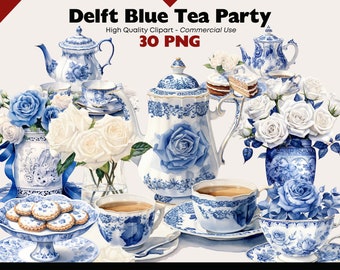 Delft Blue Tea Party Clipart Bundle, Watercolor Dutch Ceramic PNG Illustrations, Vintage Porcelain, Traditional Delft Style Tea Pot Digitals