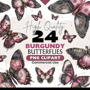 Magische Schmetterlinge Burgund Clipart Bundle, Fantasy Schmetterling PNG Dark Gothic Schmetterling Aquarell Printable Digital Download Papiermodelle