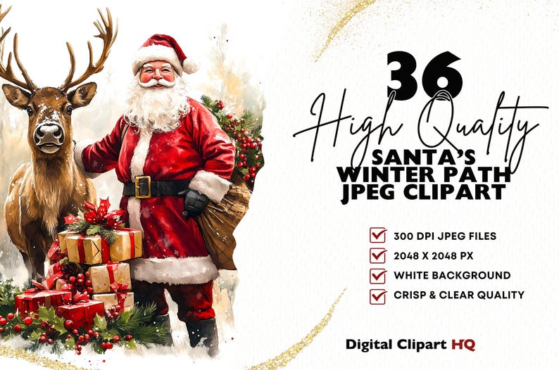 Santa’s Winter Path Clipart, 36 JPEG Father Christmas and Reindeer ...