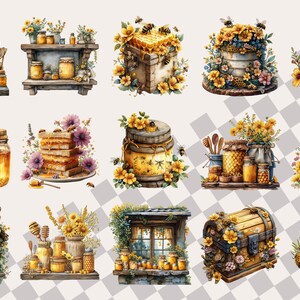 May include: A collection of 10 watercolor illustrations featuring honey jars, honeycombs, and bees. The illustrations are set against a background of flowers, leaves, and wooden crates.