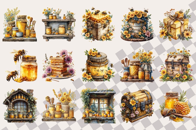 May include: A collection of 10 watercolor illustrations featuring honey jars, honeycombs, and bees. The illustrations are set against a background of flowers, leaves, and wooden crates.