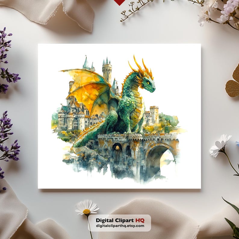May include: Watercolor painting of a green dragon with gold wings perched on a stone bridge, overlooking a castle. The dragon has a long tail and is facing to the right. The castle has multiple towers and is painted in shades of beige and brown. Text: Digital Clipart HQ digitalcliparthq.etsy.com