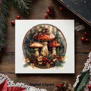 May include: A digital illustration of three red and white mushrooms with white spots, surrounded by green leaves and red berries. The mushrooms are arranged in a circle on a brown background.