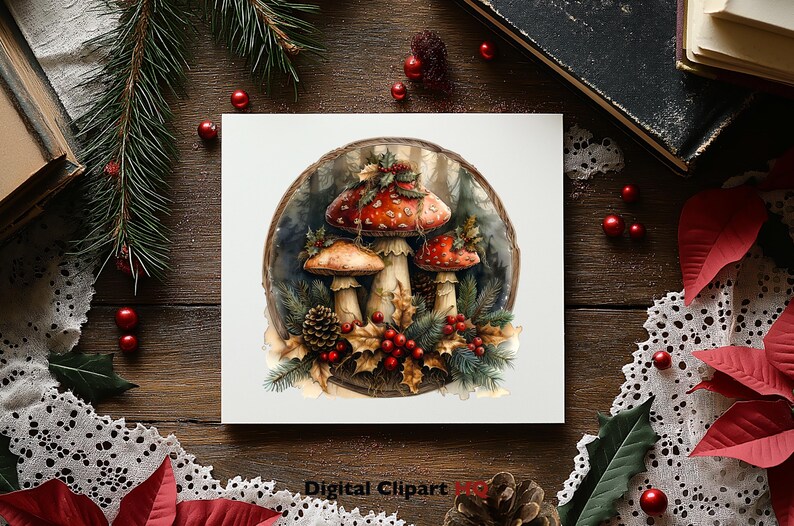 May include: A digital illustration of three red and white mushrooms with white spots, surrounded by green leaves and red berries. The mushrooms are arranged in a circle on a brown background.