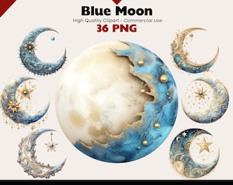Blue Moon Clipart Set, Whimsical Moon Wall Art, Silver Moon Watercolor, Lunar Clipart Bundle, Celestial Gold Lunar, Magical Junk Journal PNG