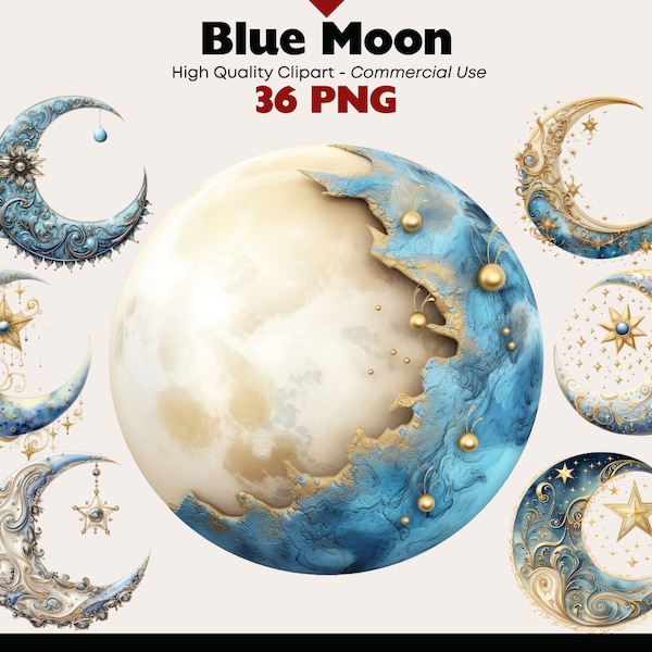 Blue Moon Clipart Set, Whimsical Moon Wall Art, Silver Moon Watercolor, Lunar Clipart Bundle, Celestial Gold Lunar, Magical Junk Journal PNG