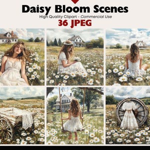 Daisy Bloom Spring Scene Clipart Bundle Romantic Daisy Meadow Digital Download Scenic Landscape JPEG White Farmhouse Commercial Use Graphics
