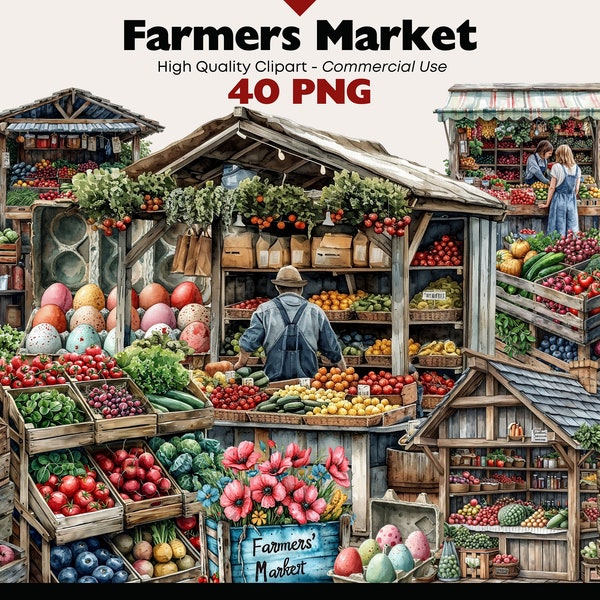 Bauernmarkt Clipart Bundle, Frühlingsmarkt Aquarell, Bauernhof zum Ausdrucken, Frische Produkte PNG, Obstmarktstand Digitaler Download, Bauernhof PNG