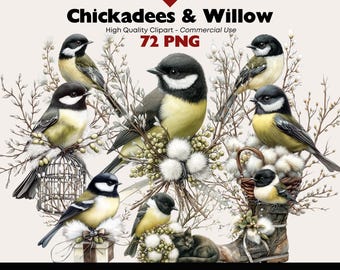 Paquete de imágenes prediseñadas de carboneros, aves invernales en acuarela y ramas de sauce PNG, gráficos rústicos de naturaleza para tarjetas, álbumes de recortes y diarios basura