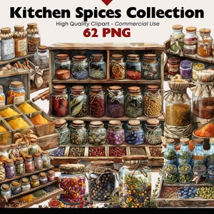 Pacote de clipart de especiarias de cozinha, aquarela de boticário de ervas, ervas frescas PNG para impressão, download digital de especiarias culinárias PNG, despensa Clipart