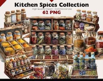 Paquete de imágenes prediseñadas de especias de cocina, acuarela de boticario de hierbas, hierbas frescas PNG imprimible, especias culinarias PNG descarga digital, imágenes prediseñadas de despensa