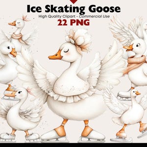 Bundle de cliparts d'oie de patinage sur glace Graphiques d'hiver traditionnels en téléchargement numérique Patinage mignon animaux aquarelle Clipart vacances Noël Png