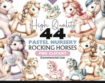 Rocking Horse Clipart PNG – 44 Pastel Nursery Horses for Baby Shower, Birthday Invitations, Scrapbooking, Kids Party, Wall Art & Sublimation