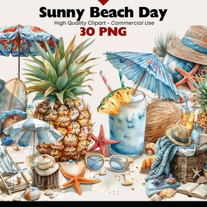 Pacote de clipart de dia ensolarado na praia Ilustrações fofas de praia Cenas de praia em aquarela Download digital Clipart com tema de oceano Gráficos de praia de verão