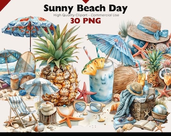 Paquete de imágenes prediseñadas de día soleado en la playa, lindas ilustraciones de playa, escenas de playa en acuarela, descarga digital, imágenes prediseñadas con temática del océano, gráficos de playa de verano