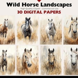 Wild Horses Clipart Bundle Rustic Countryside Landscapes Graphics Printable Junk Journal Digital Download Nature Horse JPEG Commercial Use