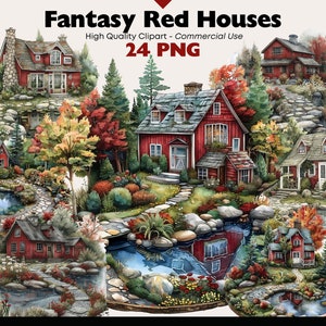 Peut inclure: Clipart aquarelle de maisons rouges fantastiques avec des jardins luxuriants, des étangs et des sentiers en pierre. L'image comprend le texte "Fantasy Red Houses" et "24 PNG". Clipart de haute qualité pour un usage commercial.