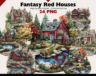Fantasy Red House Clipart Bundle, Farmhouse PNG, Lakehouse Watercolor Illustrations, Farm Scene Digital Download Graphics, Nordic Homes PNG