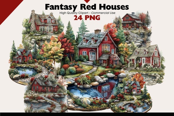 Fantasy Red House Clipart Bundle, Farmhouse PNG, Lakehouse Watercolor Illustrations, Farm Scene Digital Download Graphics, Nordic Homes PNG