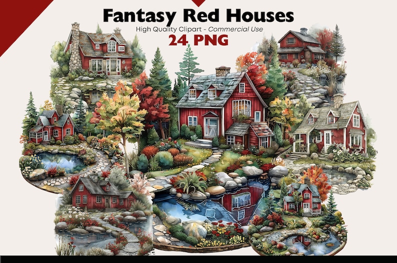 May include: Watercolor clipart of fantasy red houses with lush gardens, ponds, and stone pathways. The image includes the text "Fantasy Red Houses" and "24 PNG". High quality clipart for commercial use.