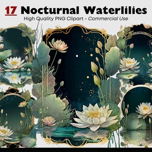 Waterlelie clipartbundel, nachtelijke aquarel clipart-graphics, gouden lijst digitale PNG-stickers, smaragdgroene bloemen Instant Download