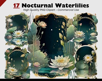 May include: Digital art featuring 17 nocturnal waterlily designs. Each design showcases white water lilies, green lily pads, and dark blue water, framed by gold accents. The text "17 Nocturnal Waterlilies" is at the top.
