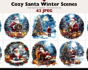Cozy Santa Winter Scenes PNG, Warm Christmas Santa Clipart, Winter Cottage Illustrations, Snowy Holiday Art, Instant Download, Paper Crafts
