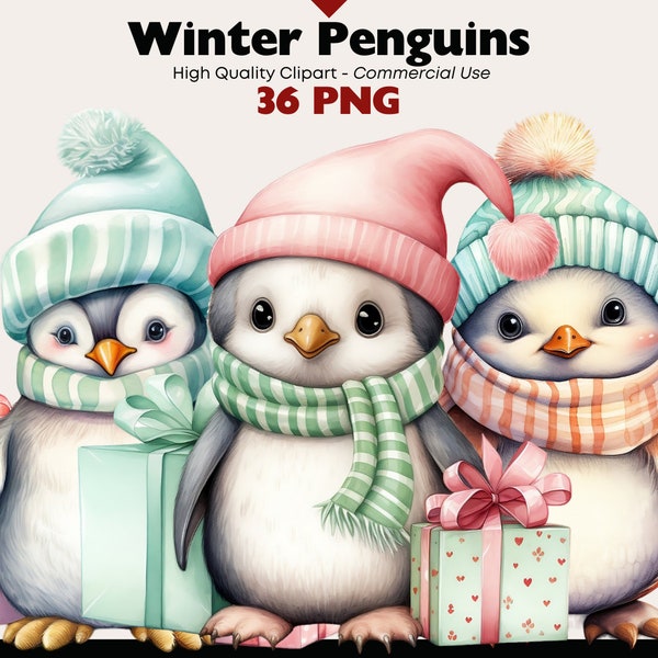 Winter Penguins Clipart, Penguin Characters with Christmas Hats Watercolor, Holiday Penguin PNG, Santa Penguin Graphics, Christmas Penguins