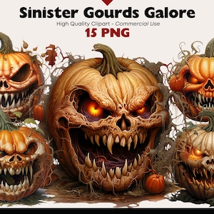 Scary Pumpkin Clipart, Gourds Digital Download, PNG Pumpkin, Halloween Watercolor, Scary Pumpkin Faces Graphics, Sinister Pumpkins Printable