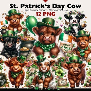 May include: Twelve digital illustrations of cows wearing green hats and shamrock decorations. The cows are holding signs that say "Happy St. Patrick's Day!" and "Kiss Me I'm Irish!"