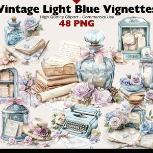 Vintage Blue Vignettes PNG Clipart Commercial Use Scrap Art Graphics Digital Download Watercolor Paper Crafts Junk Journal Scrapbooking