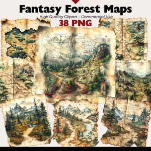 以下が含まれることがあります： ヴィンテージ感のあるファンタジーフォレストマップのコレクション。地図には、森、山、川の詳細なイラストが描かれており、羊皮紙のような質感です。「Fantasy Forest Maps」と「38 PNG」の文字が見えます。