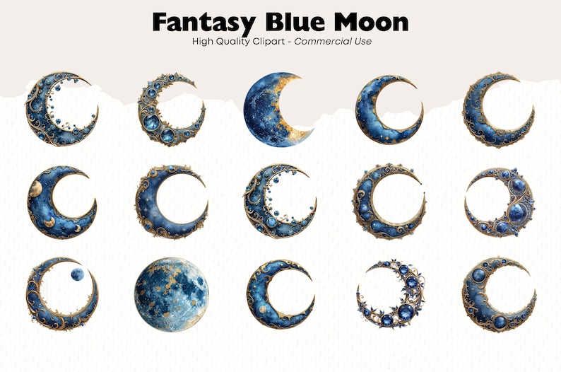 Blue Moon Clipart Set, Whimsical Moon Wall Art, Silver Moon Watercolor ...