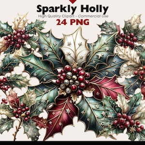 Aquarell Weihnachten Holly Clipart Bundle Traditionelle Winter Grafiken Digital Download Aquarell Png Glitzernde Weihnachten Laub Elemente