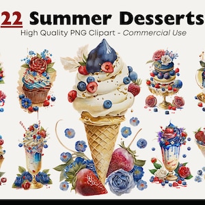 Summer Dessert Clipart Bundle, Watercolor Dessert PNG Illustrations, Blue and Red Watercolor Cupcakes,  Cake, 4th of July Ice cream Clipart