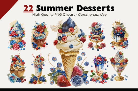 Summer Dessert Clipart Bundle, Watercolor Dessert PNG Illustrations, Blue and Red Watercolor Cupcakes,  Cake, 4th of July Ice cream Clipart