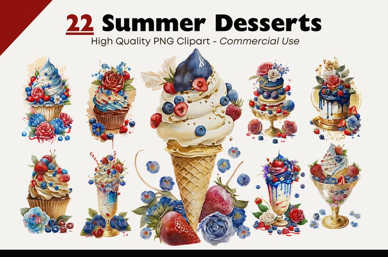 Puede incluir: 22 ilustraciones de acuarela de postres de verano, incluyendo cupcakes, conos de helado y parfaits, decorados con ar&aacute;ndanos, fresas y flores. Los postres est&aacute;n sobre un fondo blanco.