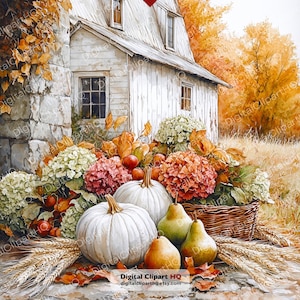 May include: A watercolor illustration of a white farmhouse with a stone chimney, surrounded by autumn foliage. In the foreground, white pumpkins, two pears, and a woven basket filled with colorful hydrangea flowers and wheat stalks are displayed.