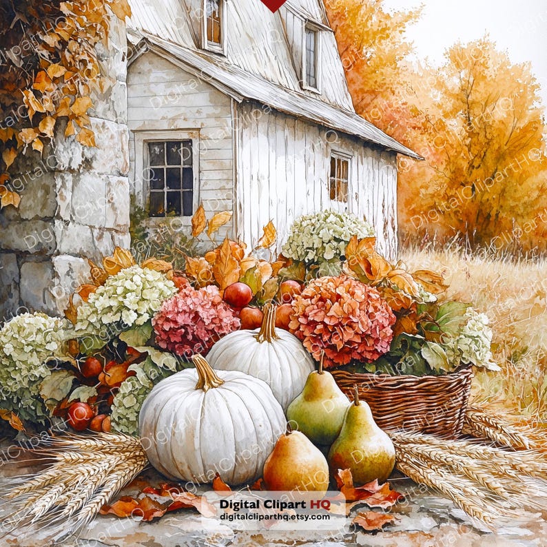 May include: A watercolor illustration of a white farmhouse with a stone chimney, surrounded by autumn foliage. In the foreground, white pumpkins, two pears, and a woven basket filled with colorful hydrangea flowers and wheat stalks are displayed.