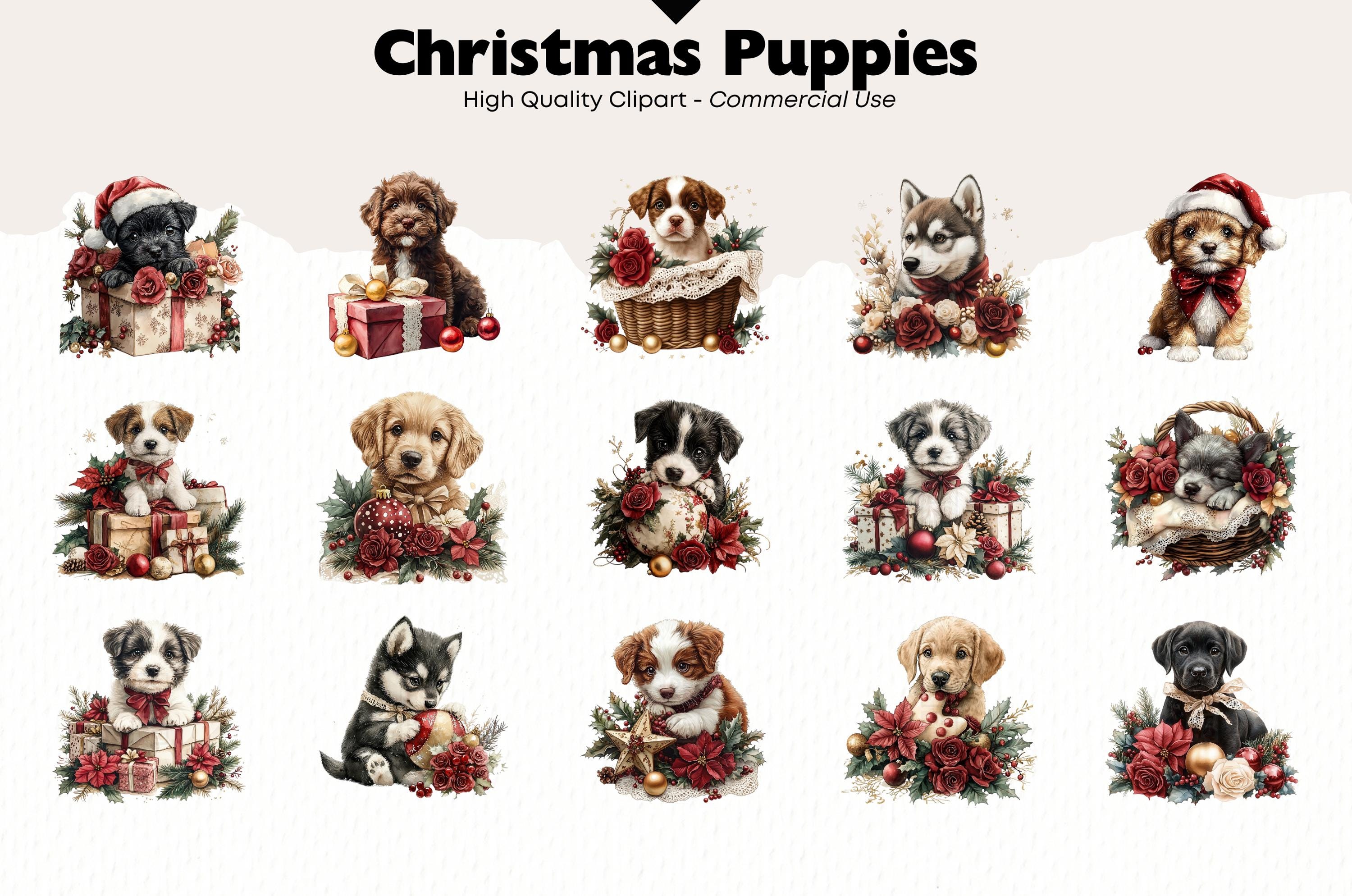 Adorable Christmas Puppies Clipart Bundle Watercolor Cute Holiday Dog ...