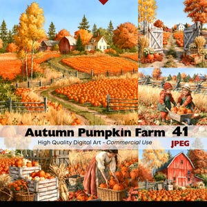 May include: A digital art collage featuring an autumn pumpkin farm with orange pumpkins in fields, red barns, and farmhouses. Scenes include a person harvesting pumpkins into a woven basket, children with a wheelbarrow, and wooden crates.