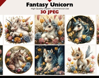 30 Fantasy Unicorn JPEG Graphics Commercial Use Mythical Creature Digital Download Watercolor Paper Crafts Junk Journal Scrapbooking