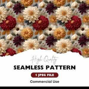 May include: A seamless pattern featuring a repeating floral design. The pattern showcases cream, burgundy, and golden-yellow flowers with white accents. The text "High Quality SEAMLESS PATTERN" is displayed.