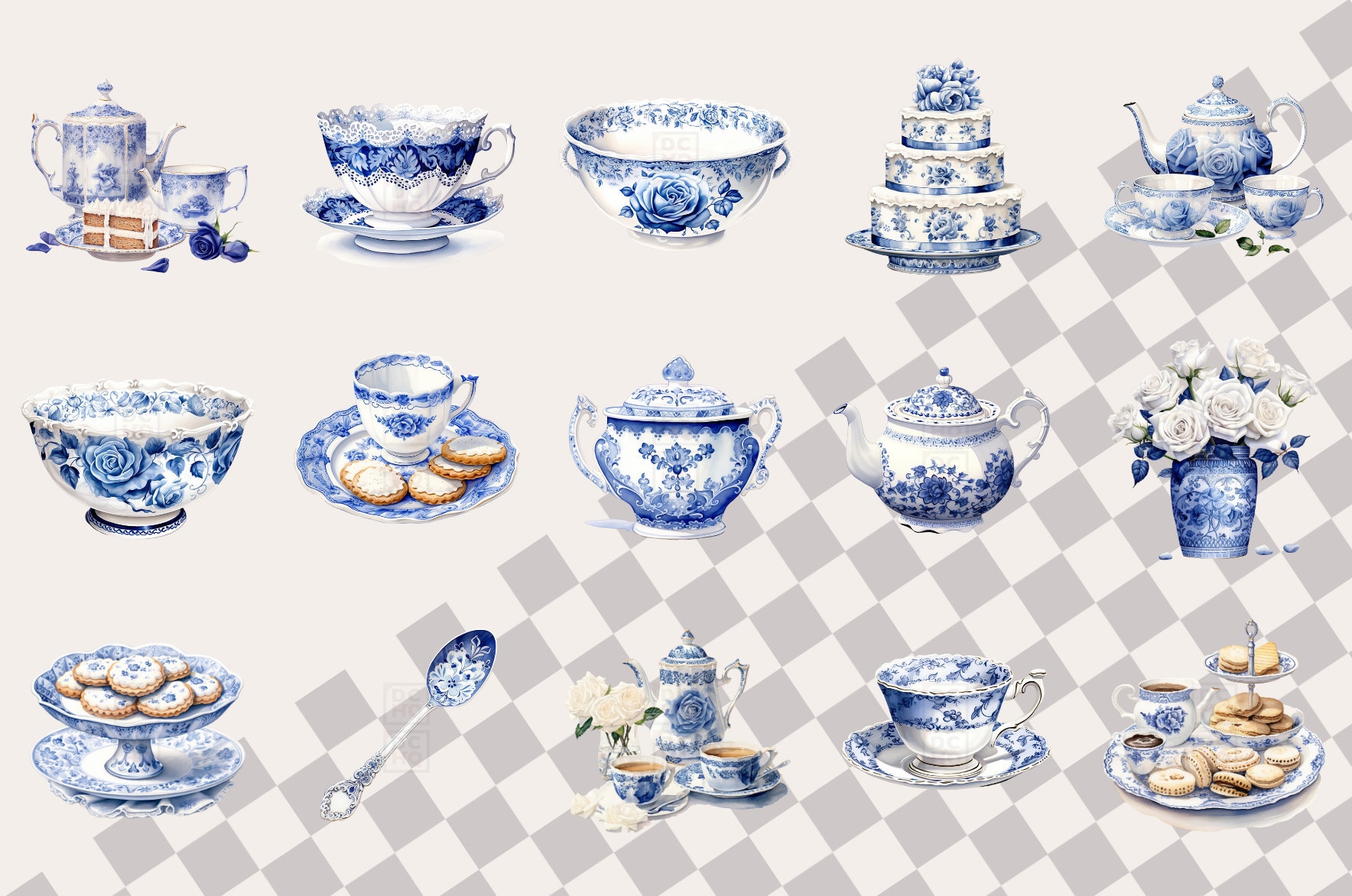 Delft Blue Tea Party Clipart Bundle, Watercolor Dutch Ceramic PNG ...