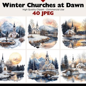 Zimowy Kościół Clipart Bundle Śnieżny Krajobraz Grafika Cyfrowe Pobieranie JPEG Sztuka Świąteczna Akwarela Scena Religijna Clipart Użytek Komercyjny