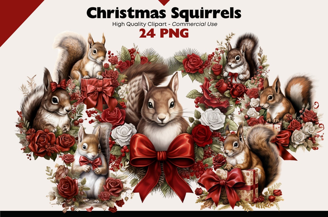 Cute Christmas Squirrel Clipart Bundle, Watercolor Squirrel PNG ...