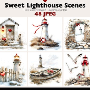May include: Watercolor illustrations of sweet lighthouse scenes. The images feature lighthouses, boats, and other coastal elements. The text "Sweet Lighthouse Scenes" and "48 JPEG" are visible.