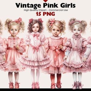 Clipart per ragazze vintage dell’acquerello, clipart vittoriana per ragazza carina, vestito rosa vintage PNG, stampabili digitali per album PNG per bambini retrò rosa