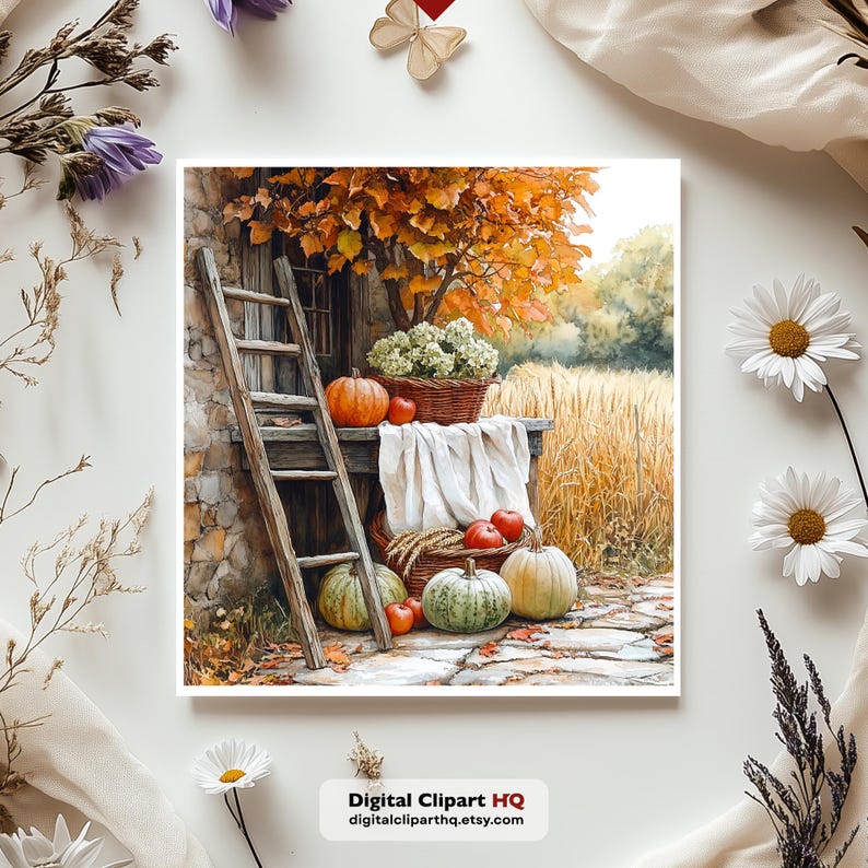 JPEG Watercolor Farmhouse Harvest Clipart, Printable JPG Autumn Landscape Graphics Digital Download Art Paper Crafts Junk Journal Scrapbook image 12